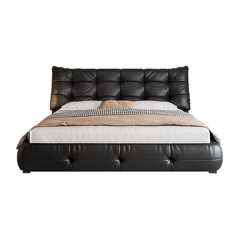 Italian minimalist leather bed French retro black first layer cowhide 1.8 meters master bedroom big black bear double