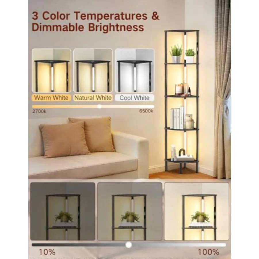 5-Tier Corner Bookshelf with LED Lights, Touch and Remote Control, 3 Color Temperatures, Dimmable Narrow Display Shelf with 1-H