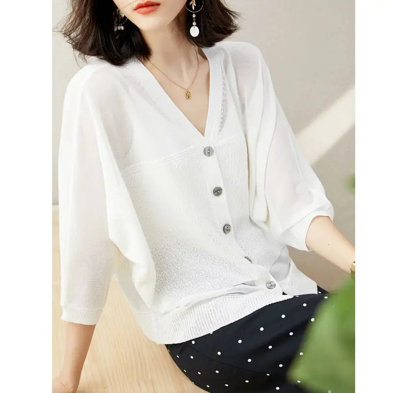 Women\'s Clothing Summer Fashion Elegant All Match Ice Silk Thin Knitted Cardigan Simple Solid V Neck 3/4 Sleeve Loose Chic Tops