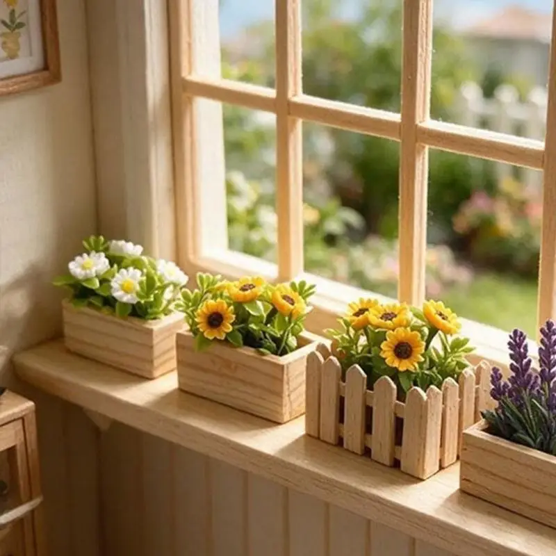 Wooden Look Mini Planter Box Miniature with Faux Blooms for Tiny House Shelf Table Window and Room Display Styling Piece