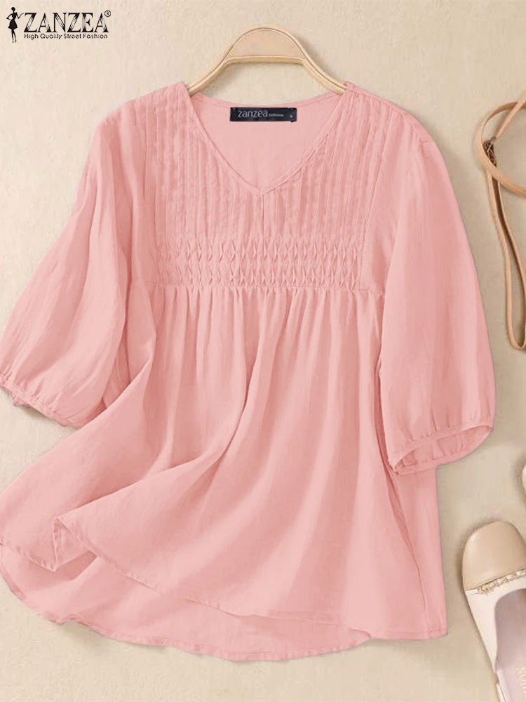 

ZANZEA Women Blouse Trend 2025 Summer Casual Half Sleeve Tops Elegant Pleated Work Shirt Solid V Neck Loose Blusas Mujer Femme
