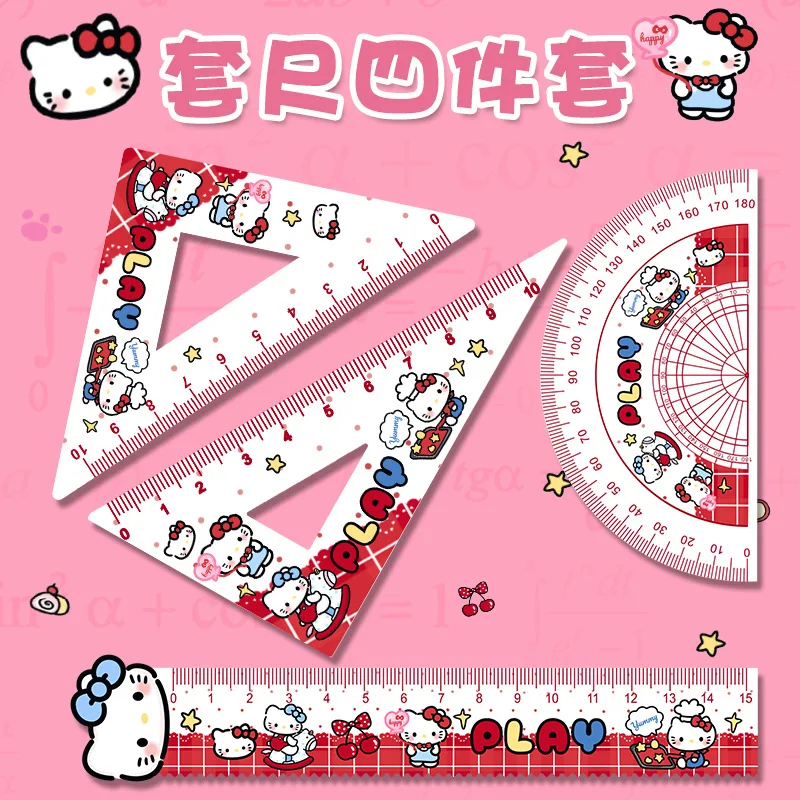 

Sanrio Rulers Cartoon Peripheral Acrylic Hello Kitty Ruler Four-piece Set For Students To Learn Measuring Stationery Protractor