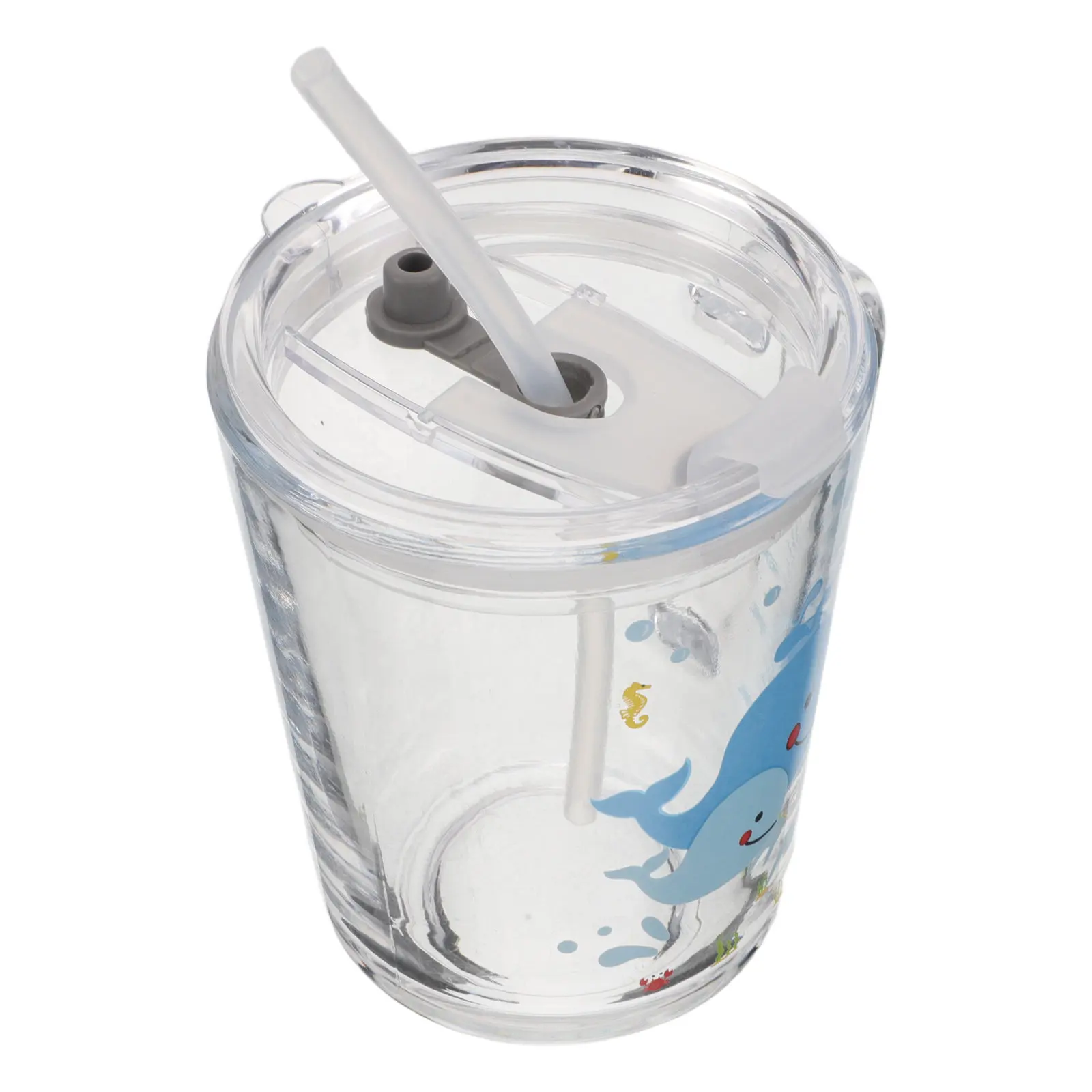 Kids Milk Cup Silicone Straw Glass Sippy Cup Handle Lid Cartoon Whale Pattern Travel School Tumbler