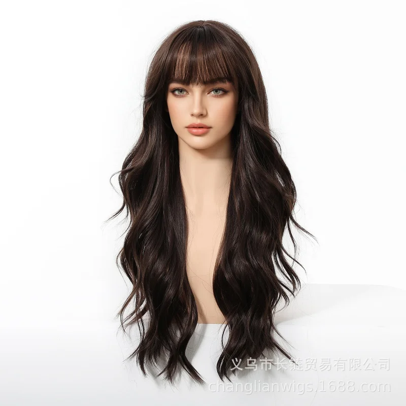 

European American fashion for women with bangs, corn-curled wig, full headpiece, natural and realistic matte long c
