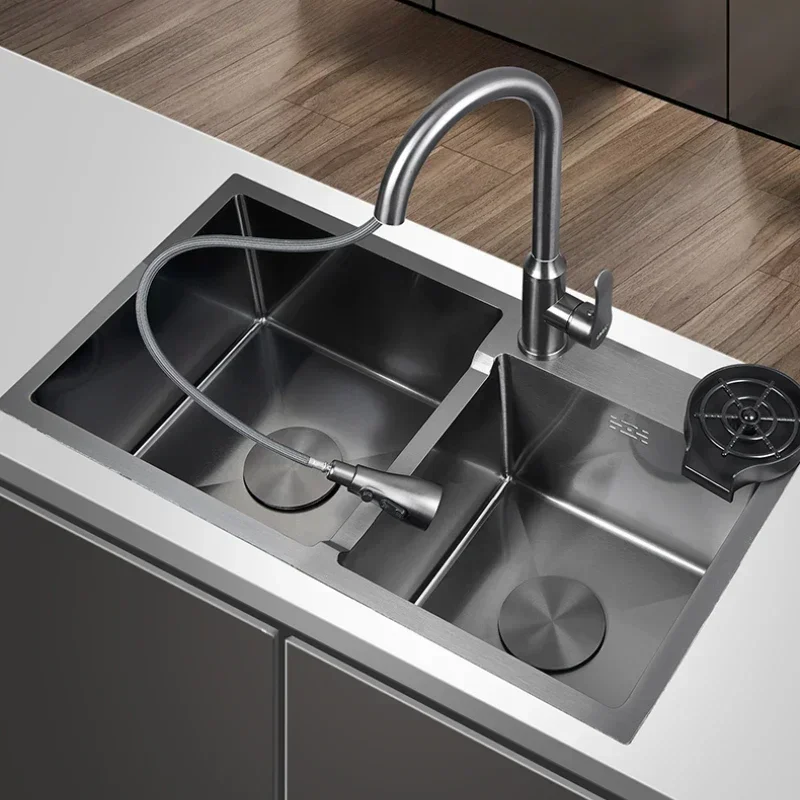 304 Stainless Steel Kitchen Sink Anti Corrosion Soundproof Double-Slot With Gourmet Faucet Drainer Accessories Household Items