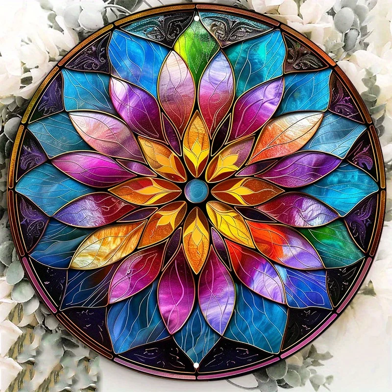 

Aluminum Metal Sign: Stained Glass Flower Mandala Design, Waterproof HD Printed Wall Decor, Weather Resistant Outdoor Decoration