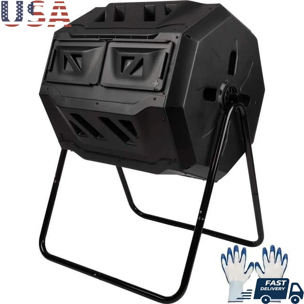 

43 Gal Compost Tumbler Dual Chamber Rotating Bin with Gloves Durable Weather Resistant Design Outdoor Gardening Use