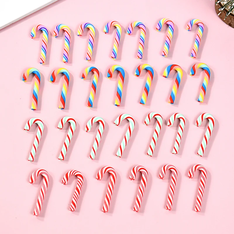 10PC Christmas Candy Cane Polymer Clay Cabochons Xmas Tree Decor Pendant Merry Christmas Ornament DIY Jewelry Making Accessorie