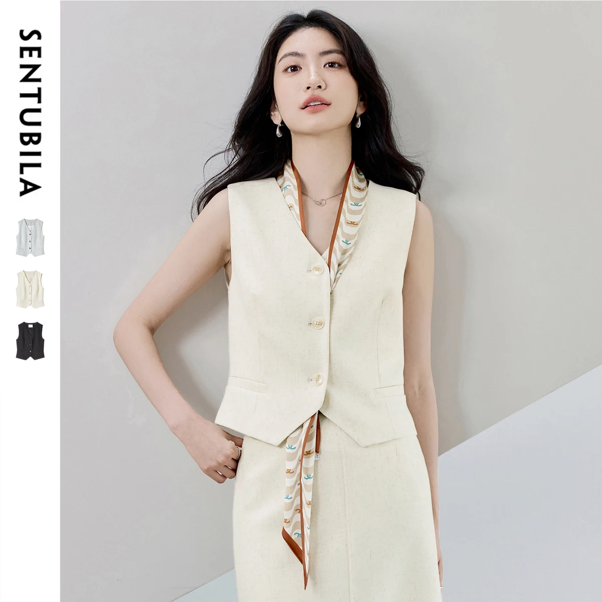 SENTUBILA Women's Summer Jacket V neck Single Breasted Slim Fitting Short Sleeveless Suit Vest 2025 Woman Coats Blazer 152JA1922