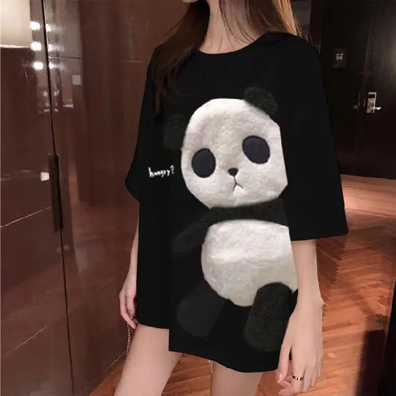 DAYIFUN Round Neck T-shirt Women Summer 2024 New Cartoon Print Design Sense Large Size Tee Loose Medium Length Short Sleeve Top