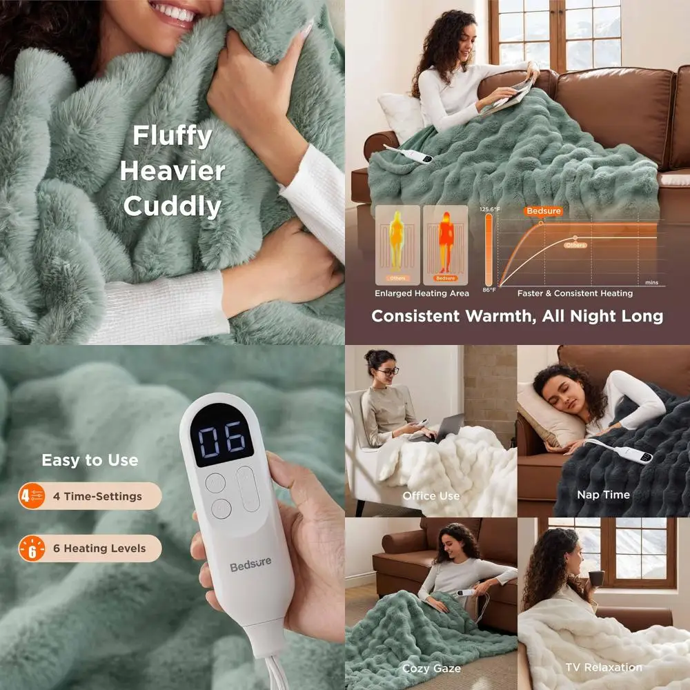 

Soft Plush Electric Throw Blanket - 6 Heat Levels, 4 Timers, Auto-Off, Home Decor Gift, Green, 50x60