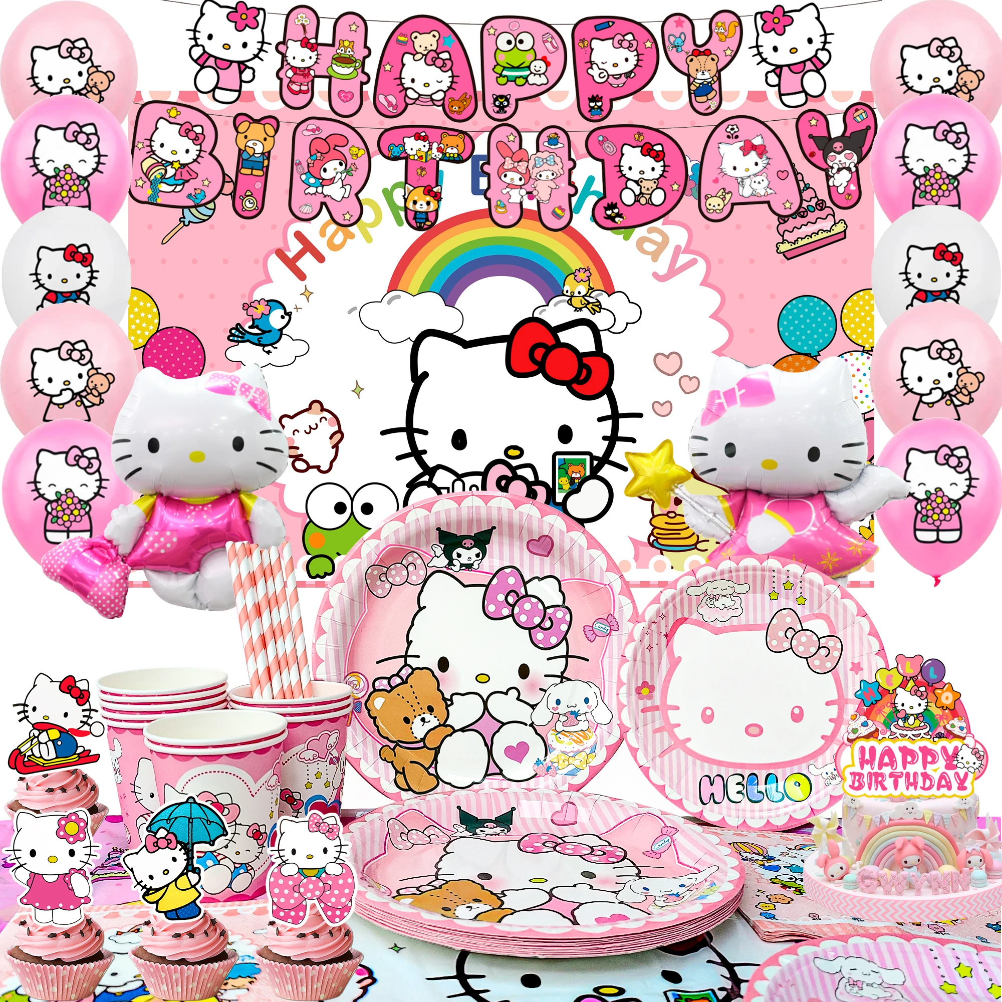124-teiliges Hello Kitty Party-Dekorations- und Tischgeschirr-Set - Kitty-Teller, Hintergrund, Ballon, Banner usw. Hello Kitty Geburtstagsdekoration