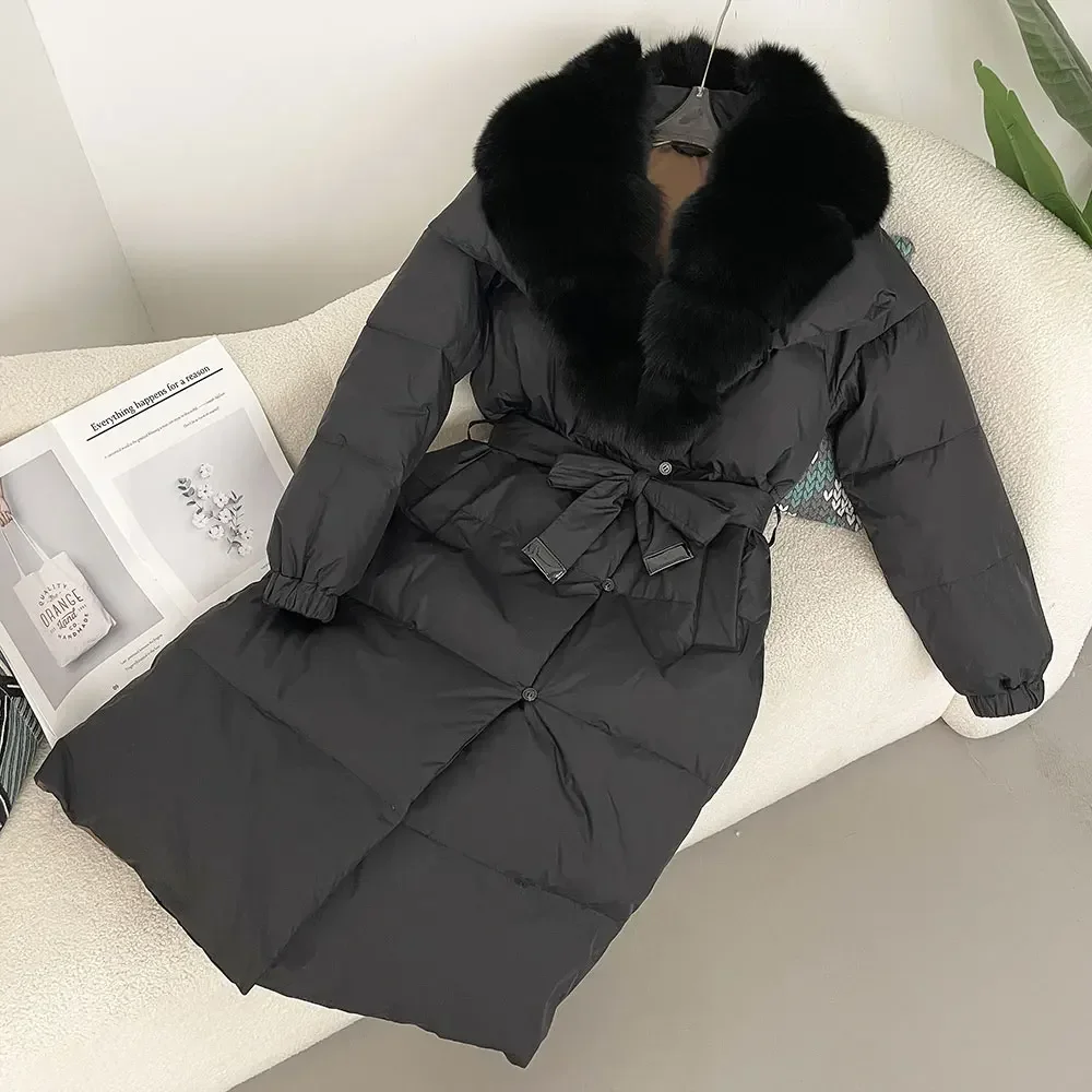 Luxurious 2024 Winter Jacket Women Natural Real Fox Raccoon Fur Collar 90% White Duck Down Coat Thick Warm Belt Casual Outerwear