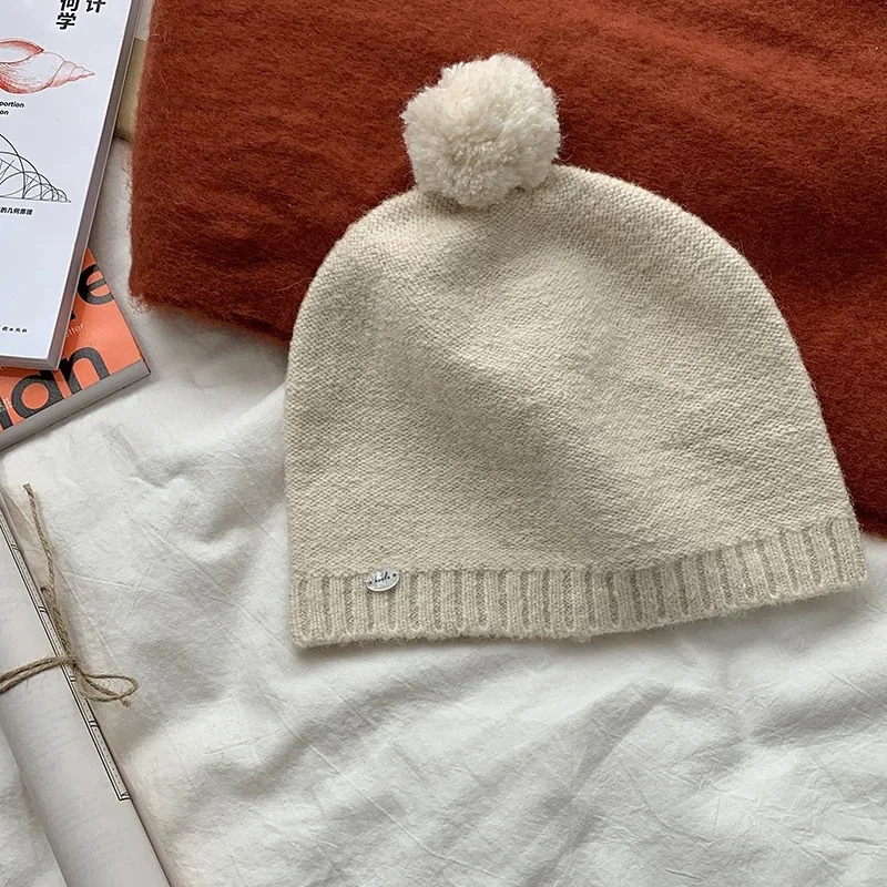 Winter Atmosphere Niche Simple Solid Color Knitted Hats for Women Outdoor Leisure Warm Versatile Cute Pom-pom Beanies Cap image 5