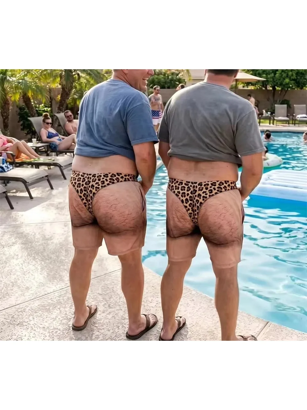 Lustige Herren-Badeshorts mit visueller Illusion, Leoparden-String-Print, schnelltrocknende Badehose, lässige, neuartige Party-Badebekleidung – Detail 3