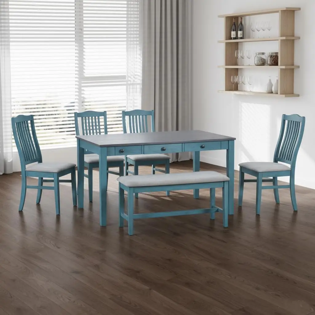Wood Dining Table Set for 6 with Storage, Rectangular Upholstered Seats, Blue, Customized