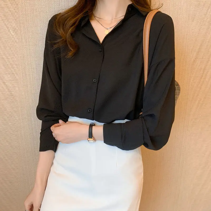 Fashion Solid Color Single-breasted Blouse Women New Classic Long Sleeve Office Polo Collar Casual All-match Lady Shirt 2022