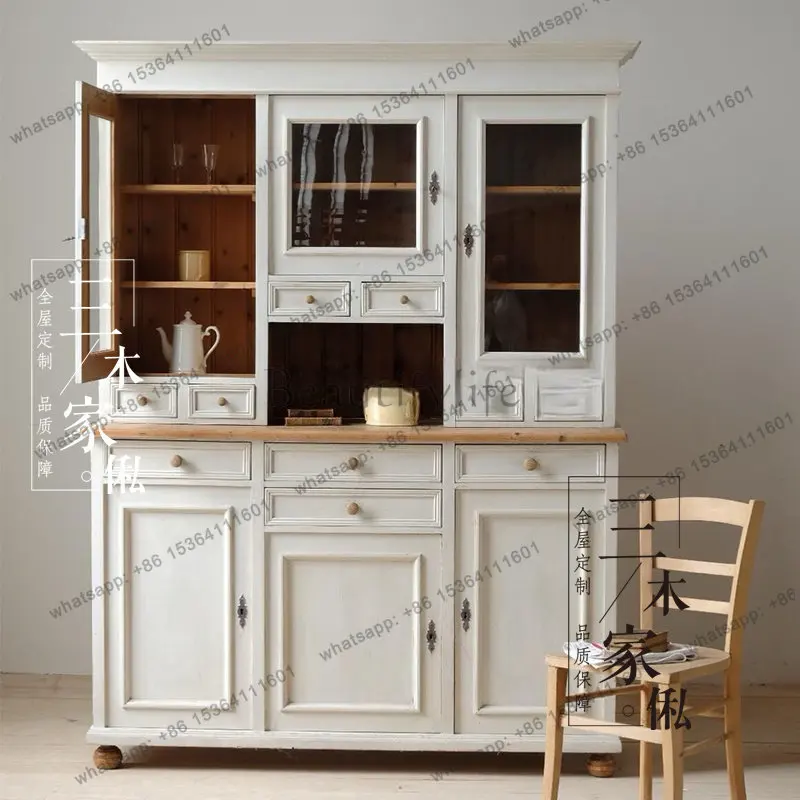 Solid wood dining and kitchen integrated cabinet, white retro windshield door, storage storage cabinet can be customized