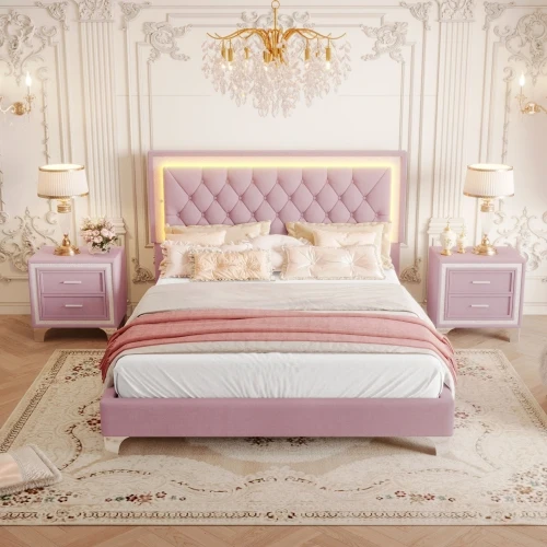 ！@Modern Queen Size Upholstered Metal Frame Soft Bed Platform Bed with LED Lights and Two Nightstands 3-Piece Bedroom Set