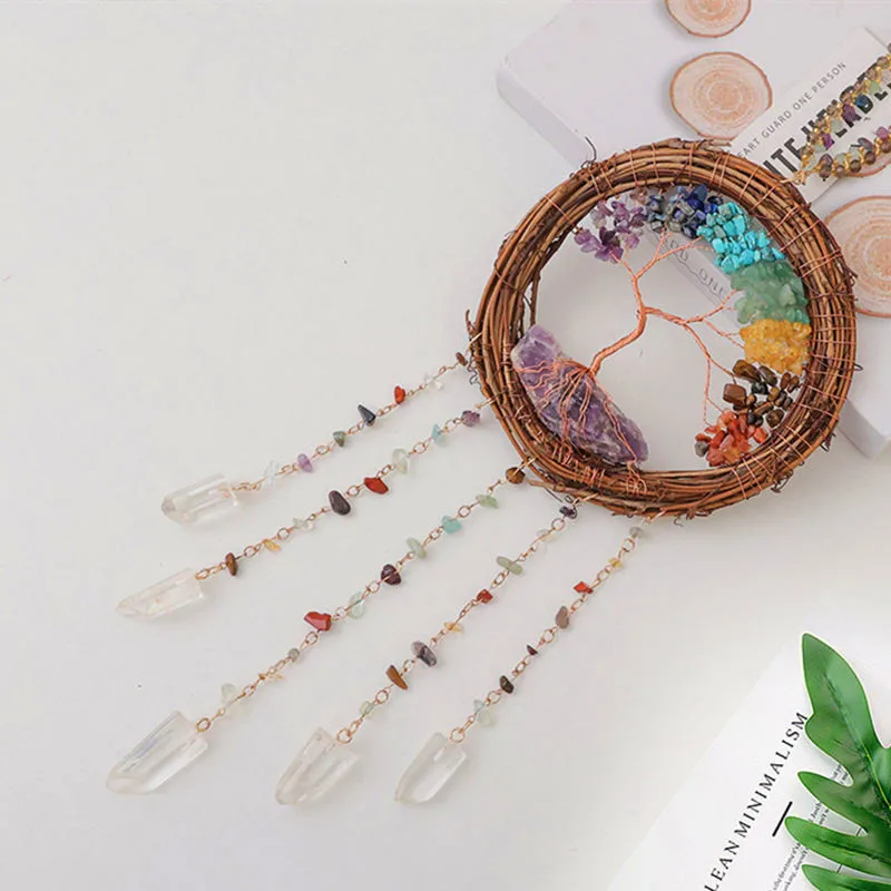 

Rattan Crafts Dream Catcher Hang to Wall Home Decoration Crystal Gemstone Tree of Life Sun Catchers Wicker Garland Hanging Decor