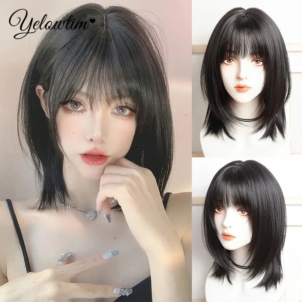 YELOWTIM Dark Brown Straight Wig  for Women Synthetic Hair Wig With Bangs Heat Resistant Party Daily Natural Use