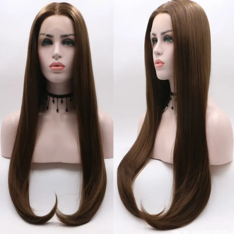 Brown Straight Synthetic 13x4 Lace Front Wigs Glueless High Quality Heat Resistant Fiber Natural Hairline Free Parting For Women