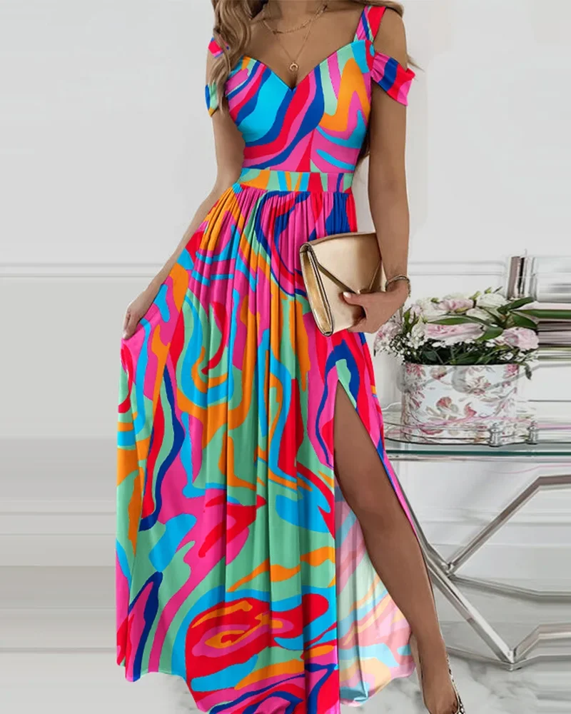 여성용 콘트라스트 컬러 패치워크 프린트 드로스트링 프린트 스플릿 롱 드레스