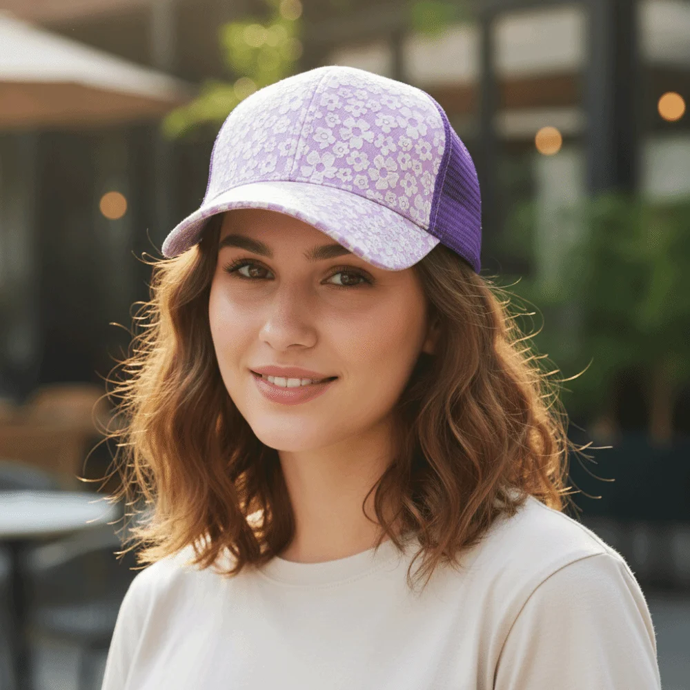 

New Breathable Floral Printed Baseball Cap Adjustable Curved Brim Mesh Sun Hat Solid Color Lace Snapback Cap Hip Hop Style