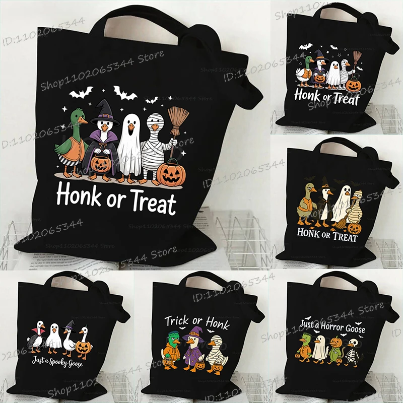 

Black White Cartoon Halloween Animal Canvas Tote Bags Just A Horror Goose Vintage Shoulder Bag Women Reusable Student Handbag