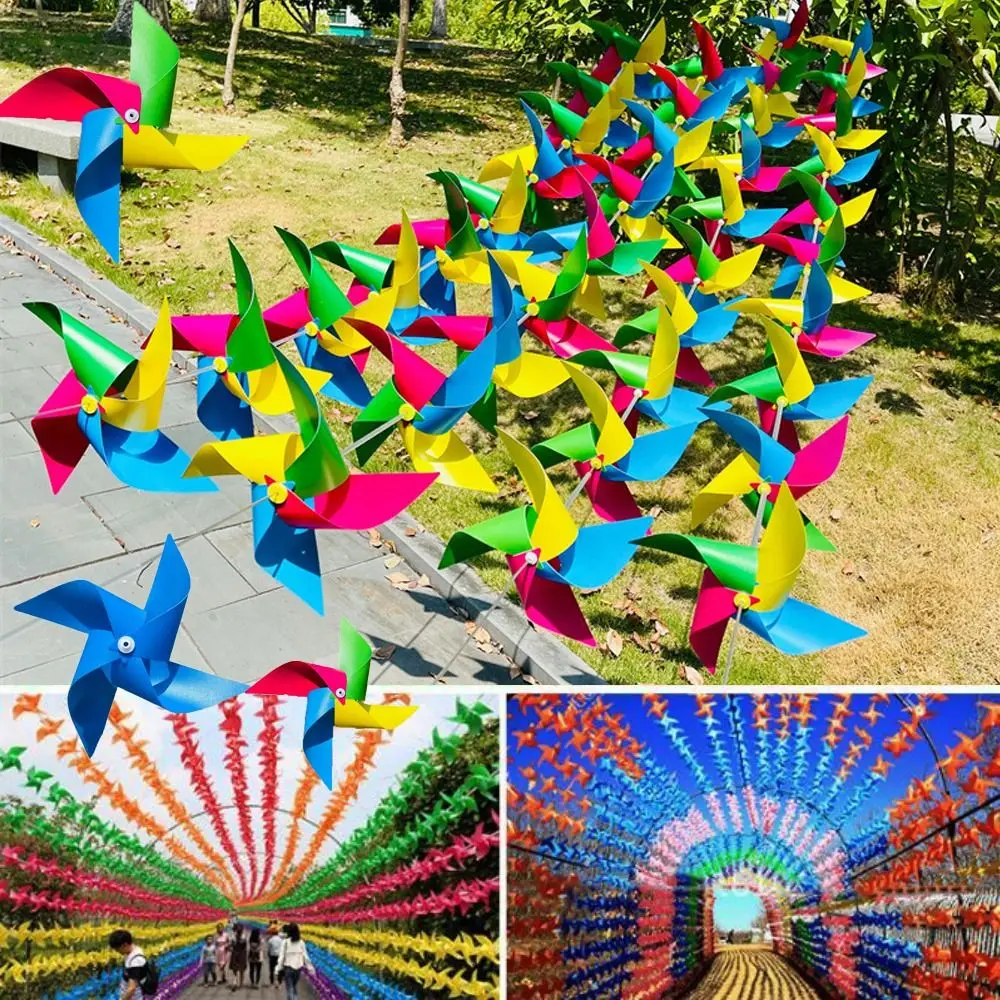 

10pcs/set with Rope Strings Colorful Arch Corridor Windmill Colorful with Steel Wire Rope 4 Leaves Pinwheels Handmade Plastic