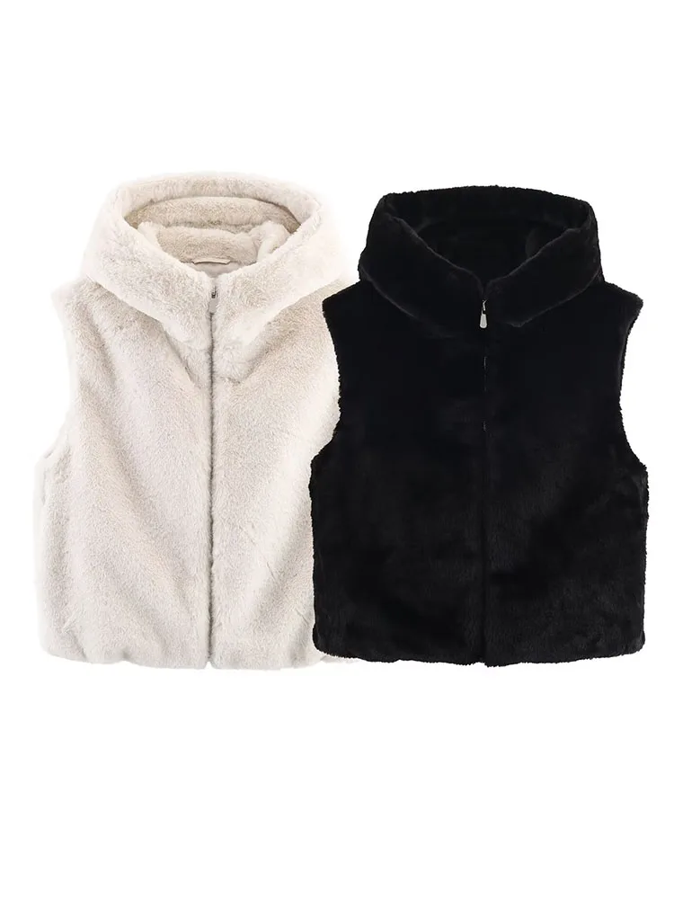 

HH Women's 2025 Winter New Fashion Fashion Hooded Faux Fur Effect Vest Female Casual Versatile Warm Zipper Sleeveless Top Mujer
