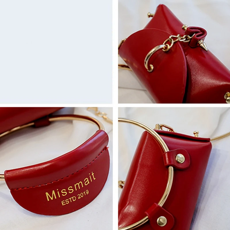 

【SEE】2X Metal Ring Handle Women Handbag Mini Cute Tote Bag Chain Rivet Shoulder Bag Fashion Messenger Bag Red & Yellow