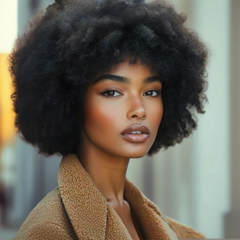 

Short Afro Kinky Curly Wig - 100% Brazilian Human Hair - Natural Black Fluffy Wear & Go - Best Affordable Wig