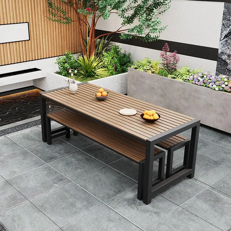 Outdoor Patio Table and Chairs Outdoor Balcony Garden Plastic Wood Table Terrace Park Long Table Chair Combination Simple and Mo