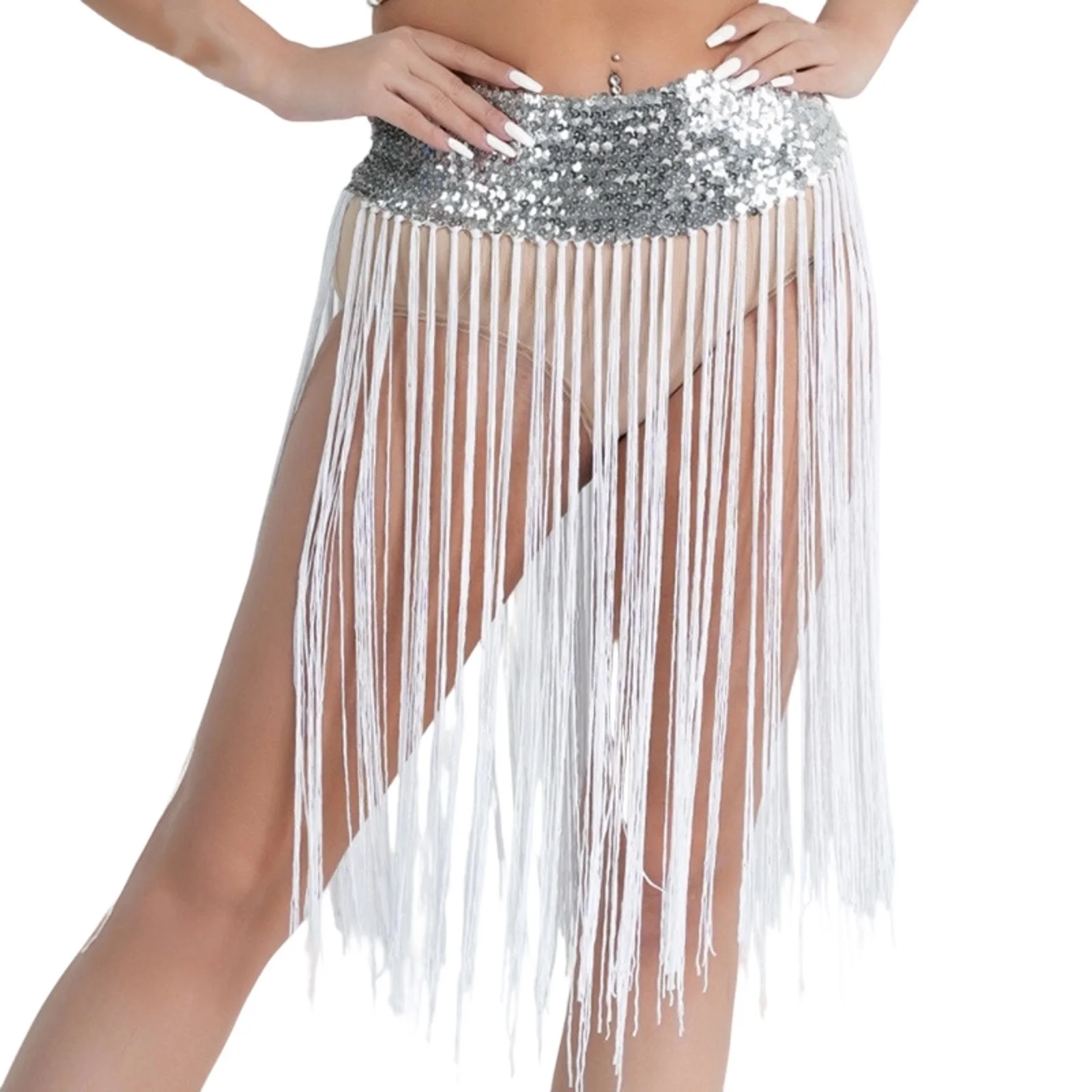 Adulto Glitter Paillettes Danza del ventre Sciarpa dell'anca Festa di Carnevale Spettacolo teatrale Rave Cintura in vita Avvolgente con catena Minigonna Indain Costum