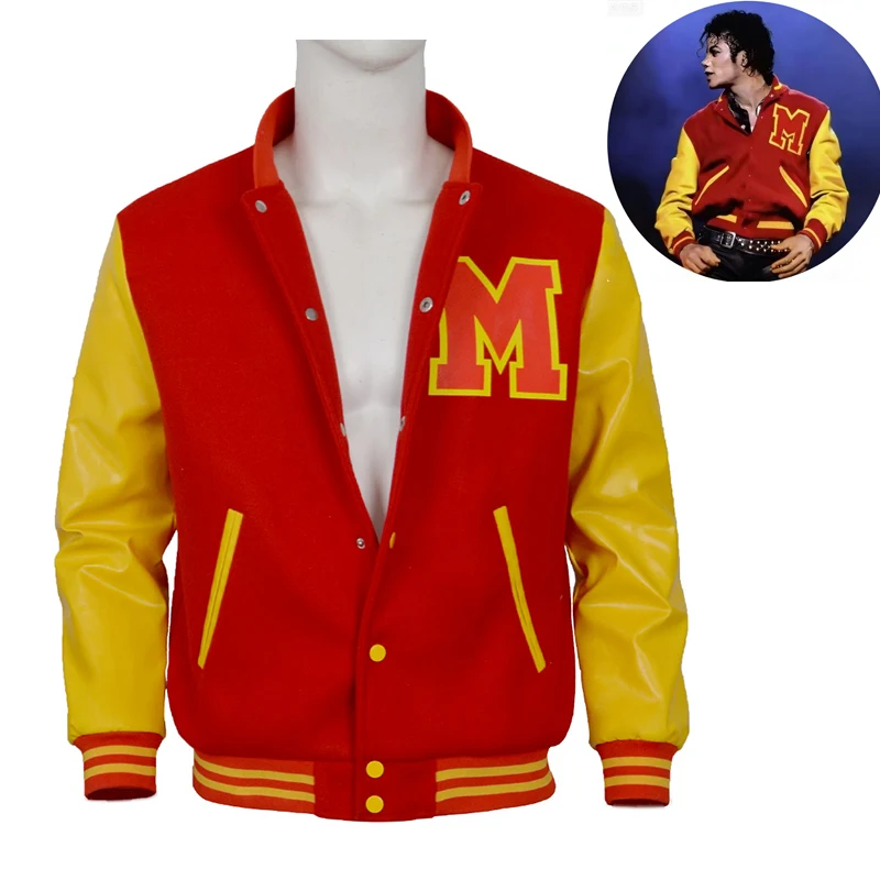 Herren Michael Jackson Cosplay Retro-Jacke Rot-Gelb Colorblock Varsity Bomberjacke für Bühne und Alltag