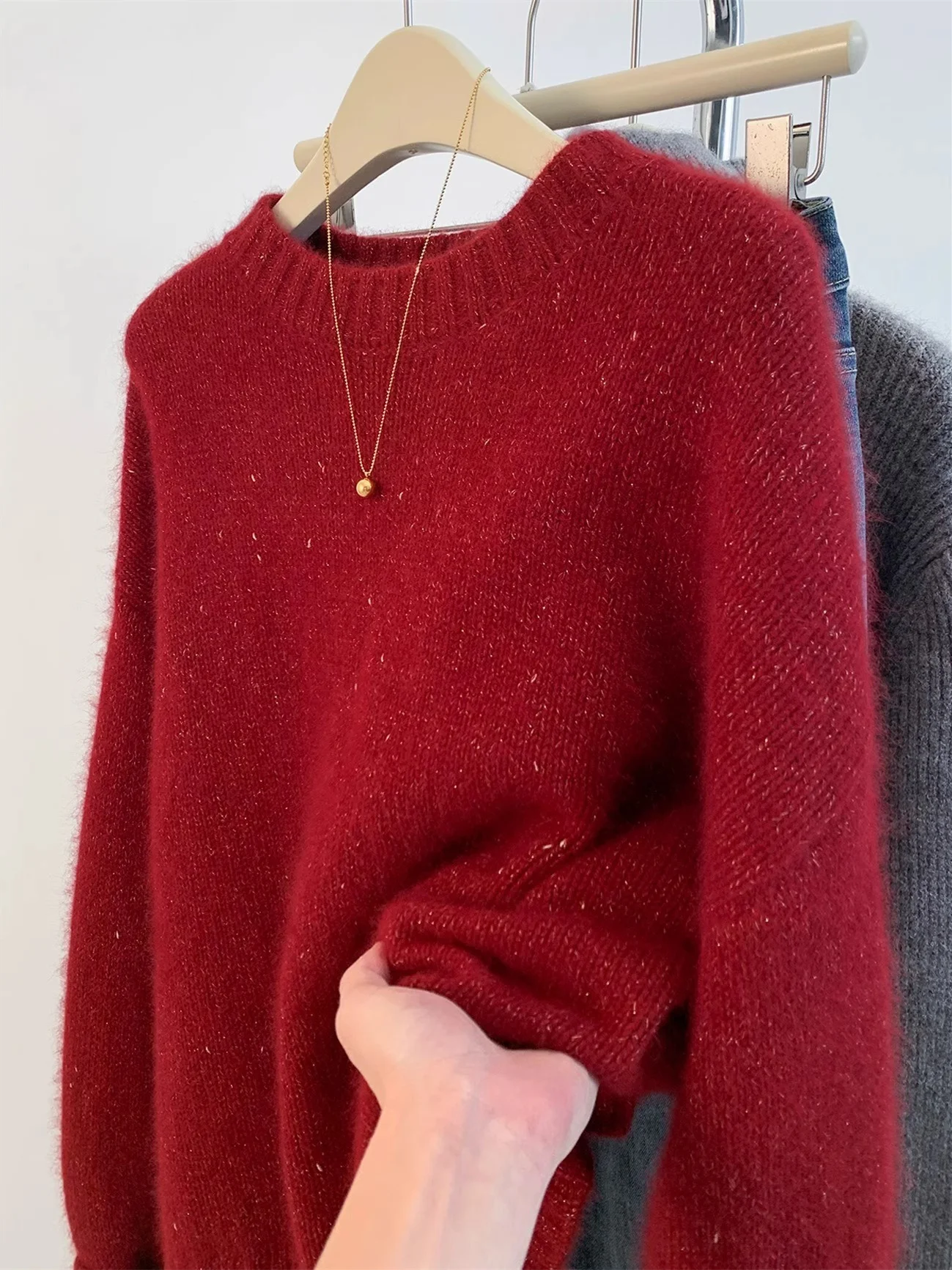 New Golden Thread Decoration Pullover Women Knitting Merino Wool+Cotton Sweater Round Neck High quality Thicken Loose Tops