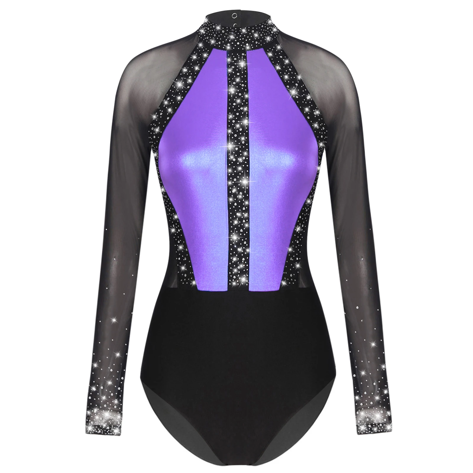 Traje de baile de patinaje artístico para gimnasia con diamantes de imitación brillantes para mujer, Jersey de Ballet y gimnasia de Metal, medias ajustadas