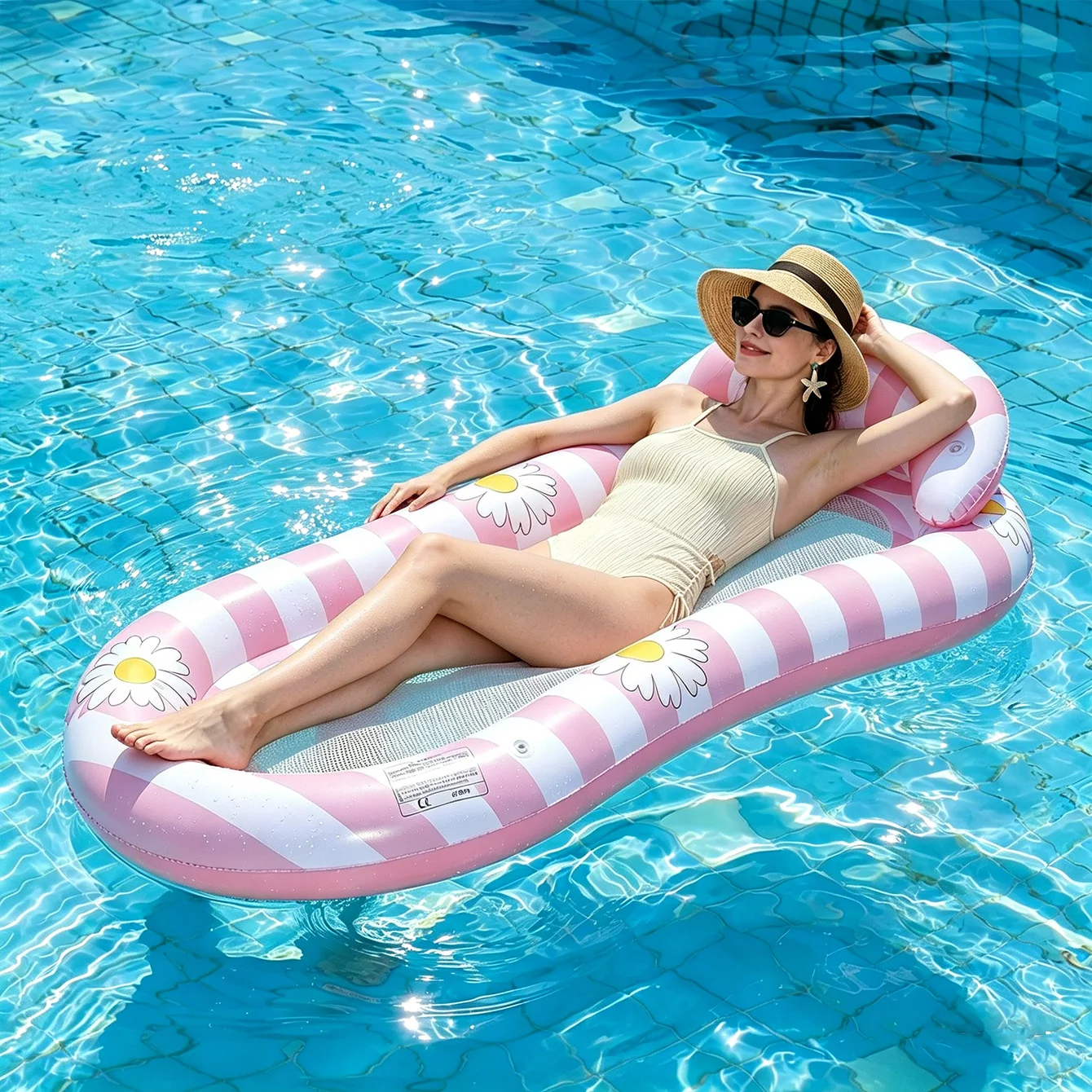 1PC Inflatable Pool Float Lounge Raft with Mesh Bottom Adult Water Hammock Striped Daisy Pool Lounger for Beach Summer