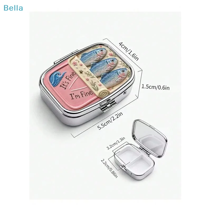 〔M〕Funny Sardine Print Pill Box with Mirror, Portable 2 Grid Travel Medicine Case, Cute Small Tablet Storage Container