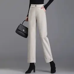 Simplicity Autumn Winter New Woolen Pants Women Solid Pockets Elastic High Waist Thicken Straight Wide Leg Ankle Length Trousers