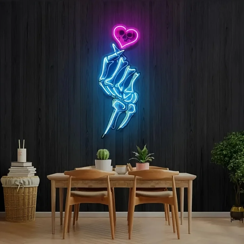 

Skull and Heart Neon Sign - USB-Powered LED Wall Decor, Adjustable Brightness, Cool Ice Blue Lighting