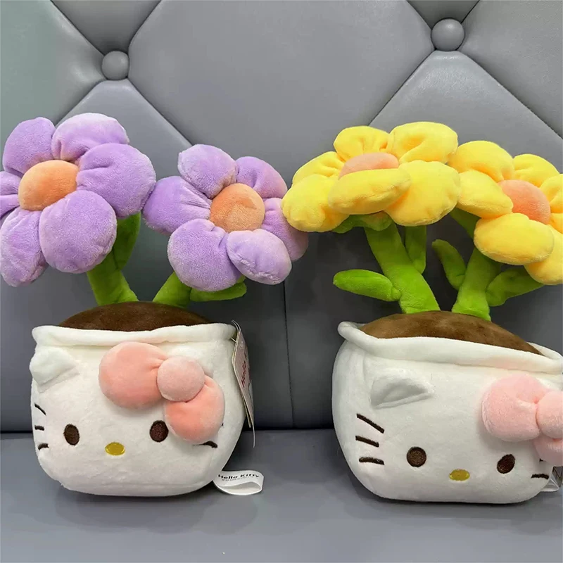 New Sanrio Kawaii HelloKitty Plushie Stuffed Potted Plant Orange Plush Doll KT Purple Flower Room Peluche Kid Christmas Gift