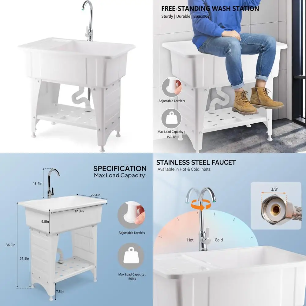 

20 Gallon Laundry Utility Sink Stainless Steel Faucet Freestanding Washing Room Sink 22.4 Deep x 32.3 Wide for Home Use