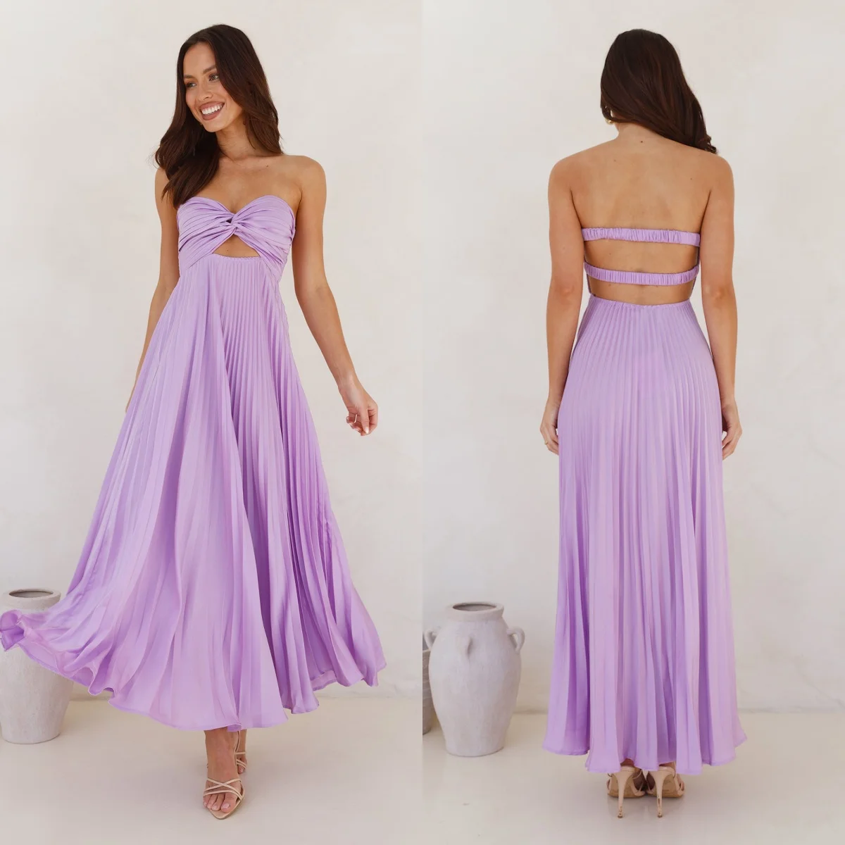 Satin Strapless Pleated Homecoming Dresses Plain Sweetheart Hollowed Maxi Sexy Prom Dress Backless Simple Wedding Guest Gowns