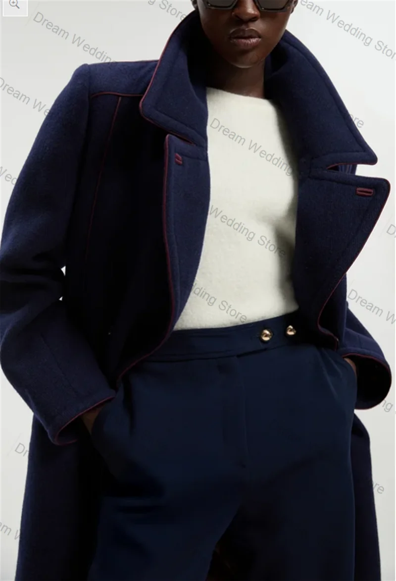 الكشمير الأزرق الداكن المرأة البدلة 1 قطعة السترة الطويلة الصوف حفلة موسيقية فستان مكتب رسمي سترة حريمي مخصص ضيف الزفاف البدلات الرسمية معطف #3