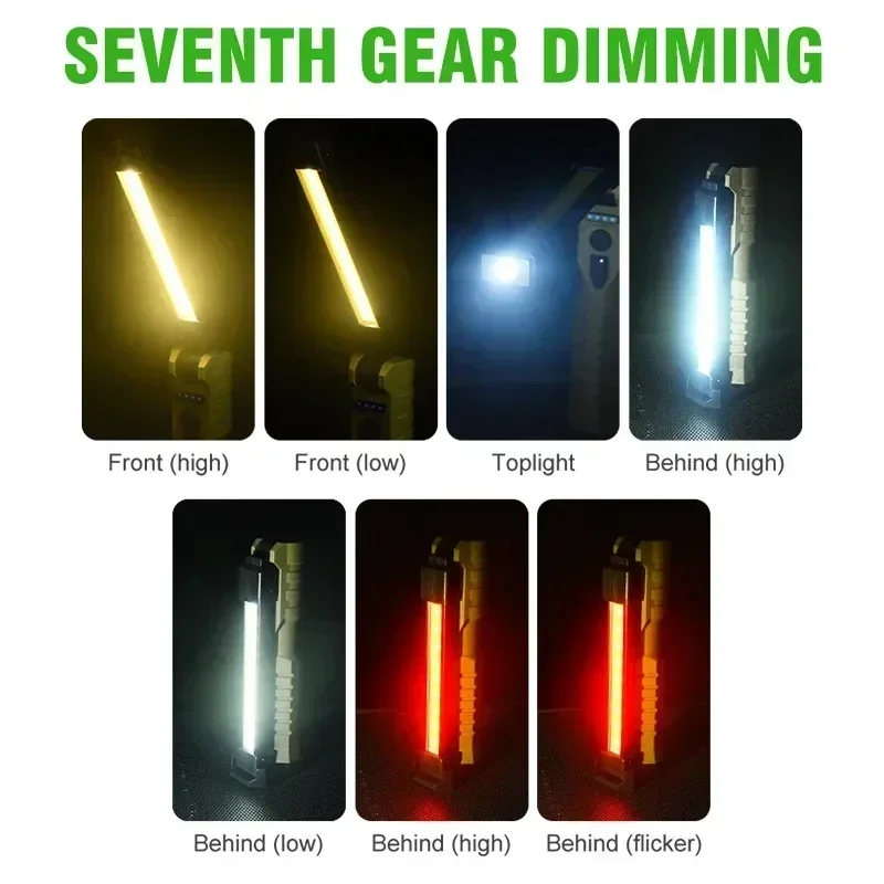 USB Rechargeable Foldable LED Flashlight Built-in Battery Magnetic Hook Work Light Outdoor Portable Camping Emergency Lamp