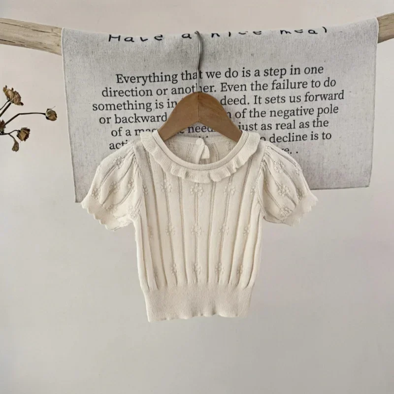 

HoneyCherry Spring Baby T-shirt Girls Knit Hollow Out Short Sleeve Top Puff Sleeve Ruffled Collar Toddler Clothes