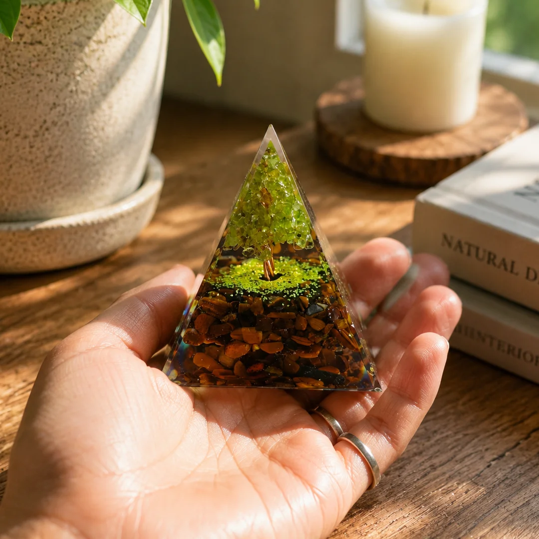 Tree of Life Orgone Pyramid Natural Tiger Eye Peridot Crystal Energy Generator Orgonite Pyramid Meditation Home Desktop Decor
