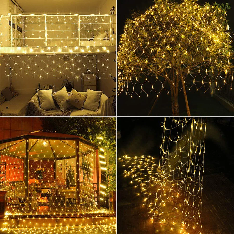 LED Fairy Garden Lights para Holiday Party Decor, guirlanda de Natal ao ar livre, cortina de malha, luz de corda, feriado, 3x2 m, 2 m, 1.5m x 1.5m, 8 modos, quente